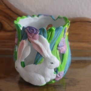 1990s Vintage Easter Bunnies Ceramic Tea LIght Holder Hand-painted Pastel Colors
